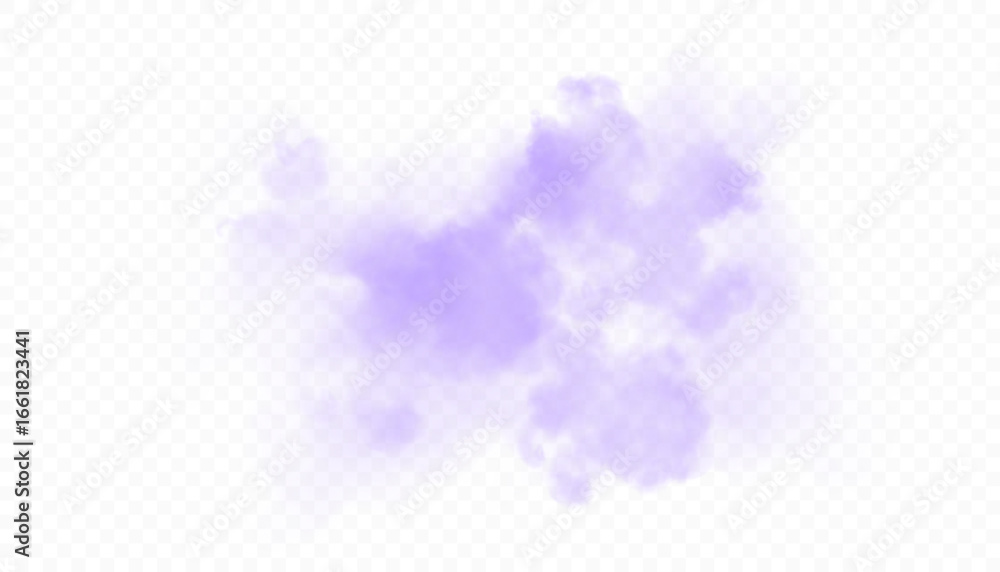 Naklejka premium Purple cloud of soft misty haze with diffused fog and steam effect on transparent background. Light vector smoke texture for design on white background.