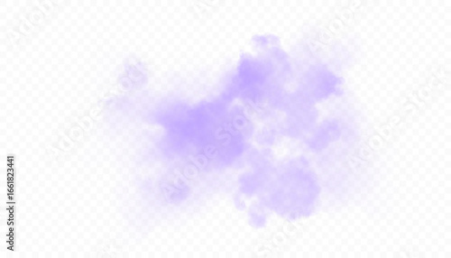 Purple cloud of soft misty haze with diffused fog and steam effect on transparent background. Light vector smoke texture for design on white background.