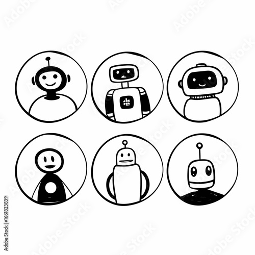 Set of hand drawn robot avatar icons for profile picture