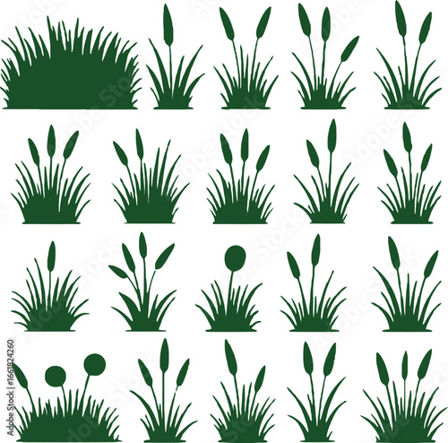 Green grass and reeds silhouettes vector illustration set on white