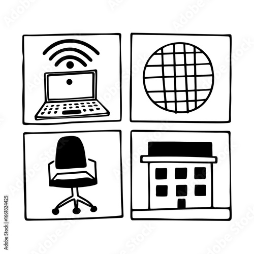 Office and workplace icons set for business and company concept