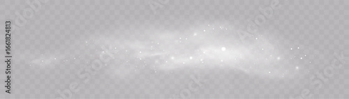 White glowing snow storm effect with swirling frost, misty haze and sparkling ice particles on transparent background. For winter and Christmas design.
