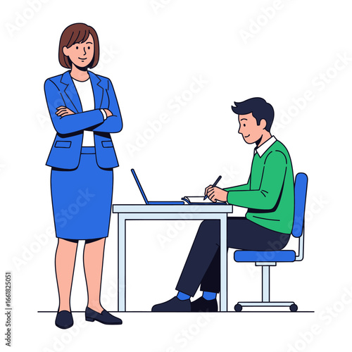 Professional Guidance: A business mentor observes with a composed demeanor as an employee concentrates, pen in hand, at his desk in a well-lit workspace.