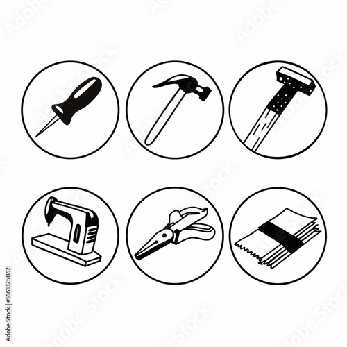 Illustration of screwdriver, hammer, razor, stapler, pliers and money isolated on a