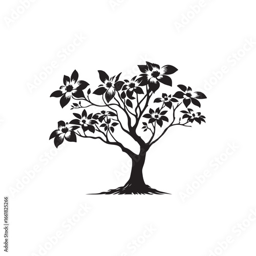 Dogwood Tree Silhouette Isolated on White Background.