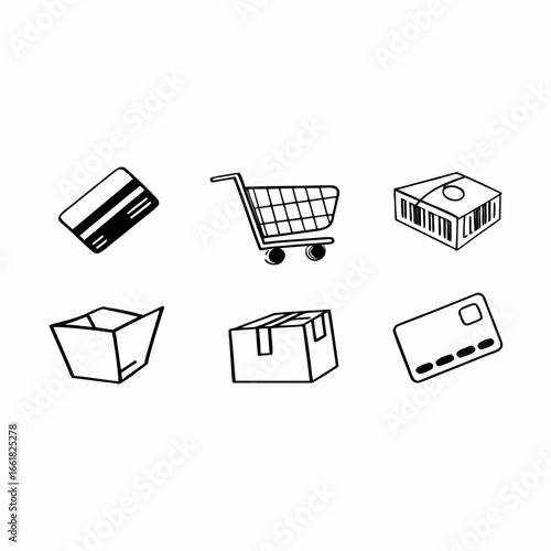 Simple line drawing of shopping icons including credit card, cart, and boxes