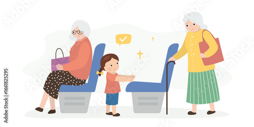 Polite little girl gives up her seat on public transport to an elderly woman. Funny child stands up so that old lady can sit down. Granddaughter and aged ladies in transport.