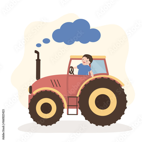 Little boy farmer on tractor. Happy childhood banner or poster with child driving toy tractor in countryside. Kids play activity or playground entertainments advert.