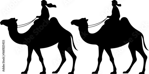 a minimalist black silhouette illustration of two people riding camels