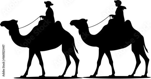 a minimalist black silhouette illustration of two people riding camels