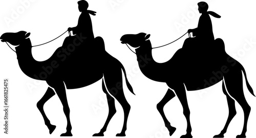 a minimalist black silhouette illustration of two people riding camels