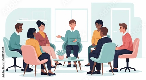 Diverse Group Therapy Session Empathetic Support in a Bright Modern Setting.