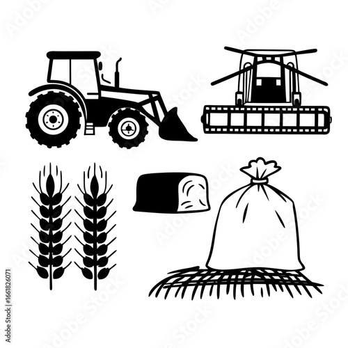 Illustration of farming equipment and crops, perfect for agricultural designs