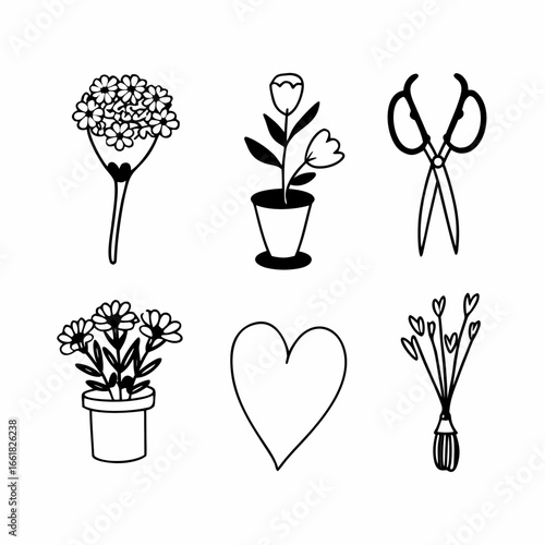 Set of hand drawn flowers, gardening tools and heart shape in vector