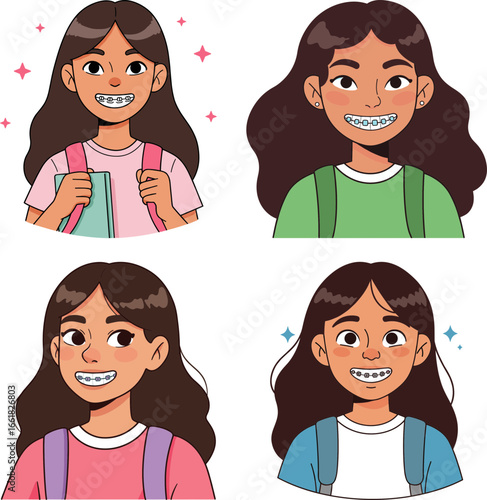 Girl with braces smiling and posing in four cartoon portraits  