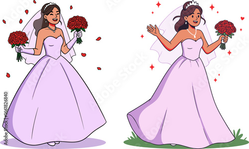 Bride holding bouquet and celebrating in a wedding dress with flowers  