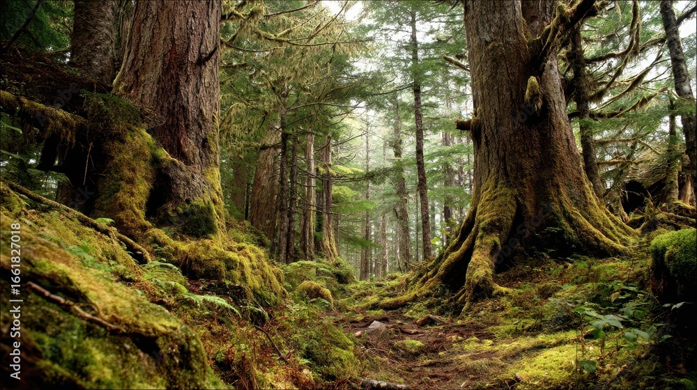 Obraz premium Serene Old Growth Forest with Mossy Trees and Natural Light