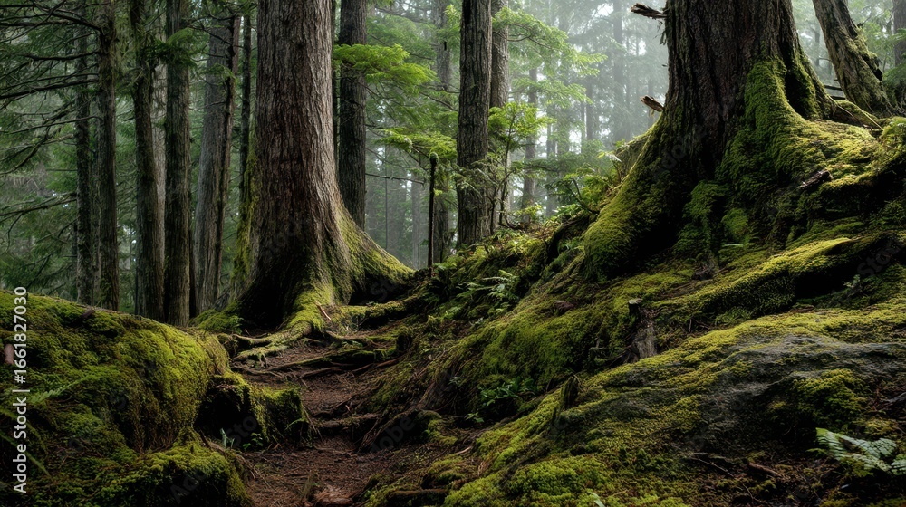 Fototapeta premium Majestic Old Growth Forest with Mossy Trees and Serene Pathways