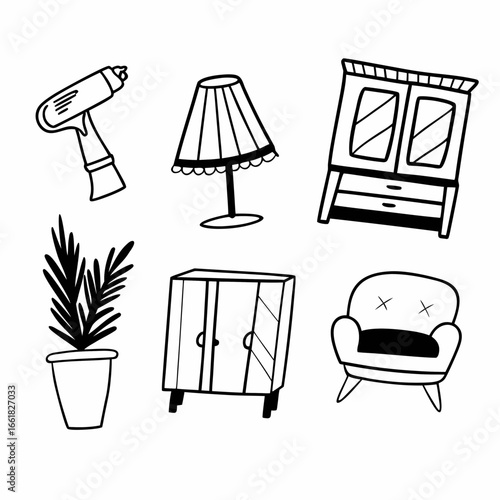 Illustration of various furniture pieces and home decor items