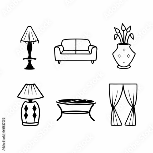Simple line art illustration of furniture and decor elements