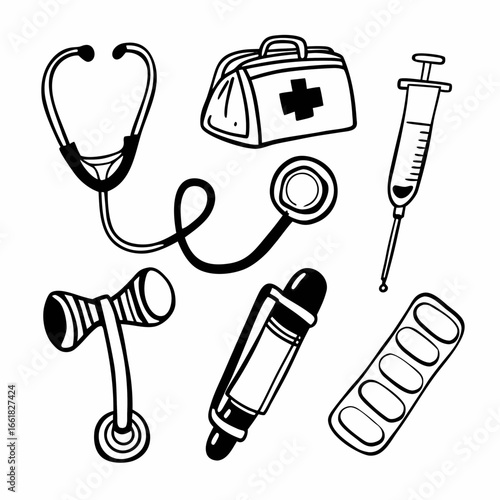 Medical equipment and tools including stethoscope, syringe, reflex hammer