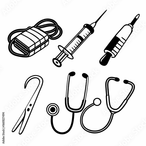 Medical equipment including tourniquet, syringe, thermometer, forceps, stethoscope