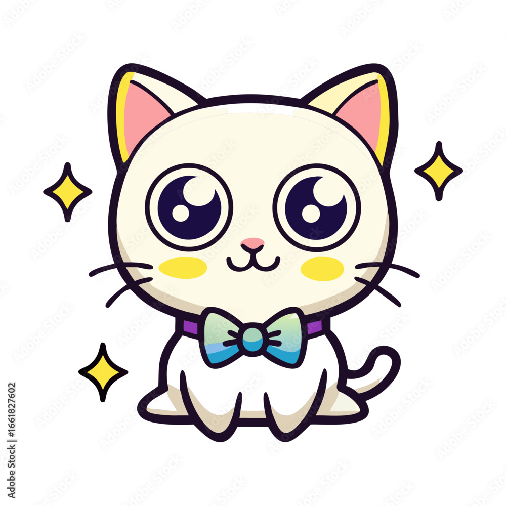 Obraz premium Vector art of cute white cartoon cat with a bow tie and stars