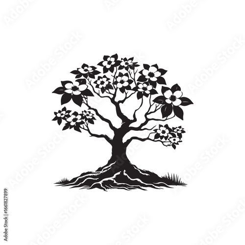 Dogwood Tree Silhouette Isolated on White Background.