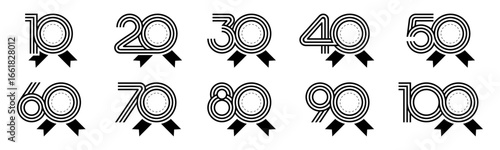 Set of collection numbers 10 to 100 with ribbon vector illustration. Ribbon with numbers 10, 20, 30, 40, 50, 60, 70, 80, 90, 100 for greetings, anniversary, discounts and more.