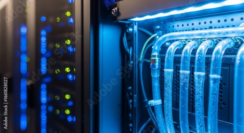 Futuristic Server Rack with Blue LED Lighting and Liquid Cooling Tubes.