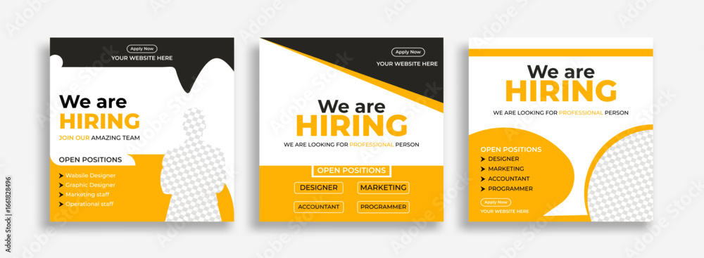 Fototapeta premium We are hiring job vacancy social media post banner design template with red color. We are hiring job vacancy square web banner design. Employee vacancy announcement. Illustration isolated