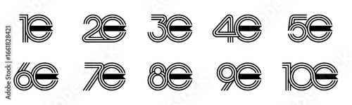 Set of collection numbers 10 to 100 with ribbon vector illustration. Ribbon with numbers 10, 20, 30, 40, 50, 60, 70, 80, 90, 100 for greetings, anniversary, discounts and more.