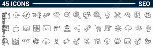 Set of 45 outline icons related to seo or search engine optimization. Linear icon collection. Editable stroke. Vector illustration. Pictograms and infographics for mobile apps. 