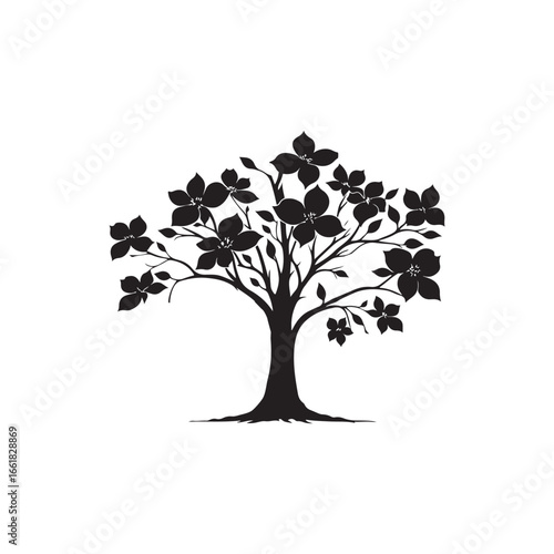 Dogwood Tree Silhouette Isolated on White Background.