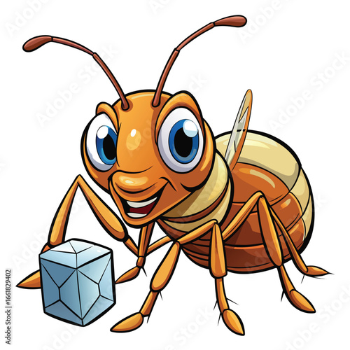 A cute ant shows a beautiful and amazed expression while watching a colorful Rubik’s cube