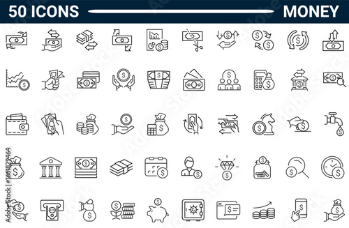Set of 50 outline icons related to money. Linear icon collection. Editable stroke. Vector illustration. Pictograms and infographics for mobile apps. 