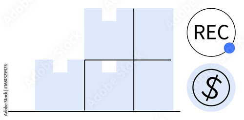 Organized stacked boxes with lines, financial dollar icon, and REC indicator. Ideal for warehouse logistics, inventory management, supply chain, organization, analytics, financial planning