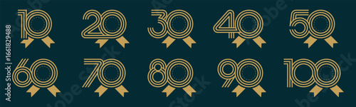 Set of collection numbers 10 to 100 with ribbon vector illustration. Ribbon with numbers 10, 20, 30, 40, 50, 60, 70, 80, 90, 100 for greetings, anniversary, discounts and more.