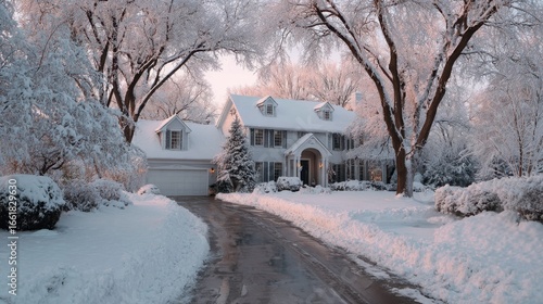 A house with a driveway covered in snow. The driveway is next to a street and the house is surrounded by trees. The snow is covering the ground and the trees are bare