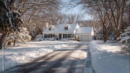 A house with a white roof and a garage. The driveway is covered in snow. The house is surrounded by trees