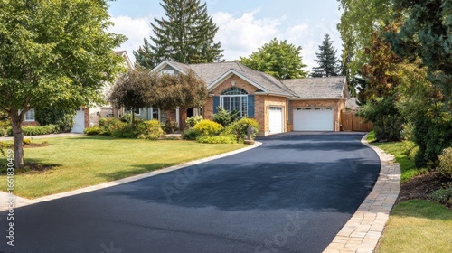 A house with a driveway and a black asphalt road. The house is surrounded by trees and has a green lawn