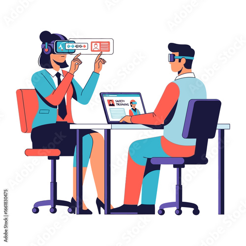Virtual Reality in the Workplace: A stylized depiction of a futuristic business setting, showcasing two figures immersed in a virtual reality environment.