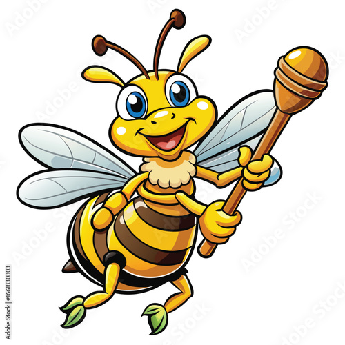 bee happily holds a honey dipper with sweet honey dripping