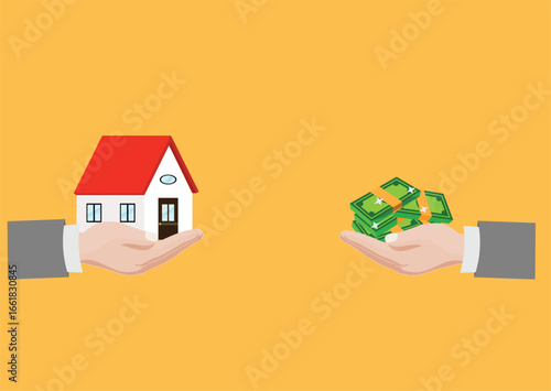Hand holds house and receiving cash from other hand. Concept for home agent, sale and rent of a house and buyer or customer. Vector illustration