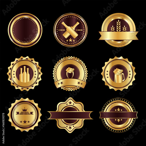 Collection of Golden Premium Badges with Beer and Alcohol Elements
