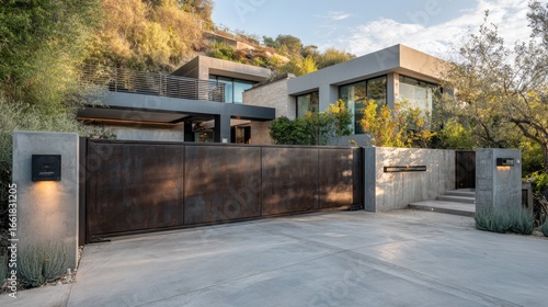 Wallpaper Mural A large house with a gate and a driveway. The gate is made of metal and has a black color. The house is surrounded by trees and bushes Torontodigital.ca