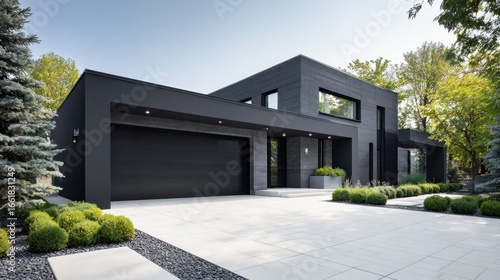 A large black house with a black garage and a white driveway. The house is surrounded by a lush green lawn and a few bushes. The house has a modern and sleek design, with large windows