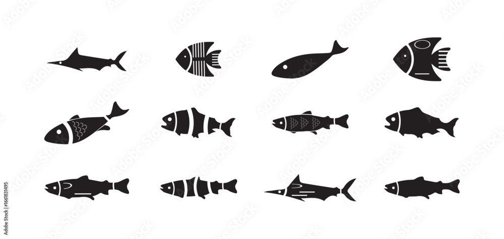 Naklejka premium Fish icon set, Food sign collection, Fish or seafood symbol, vector illustration EPS 10.