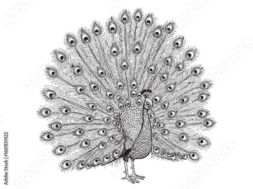 Vintage engraving of peacock showcasing decorative plumage with elegant stance in bold style