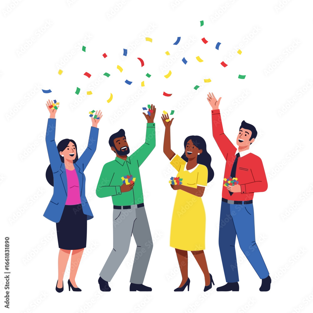 Obraz premium Celebration of achievements and recognition in business: A dynamic illustration of a diverse group of business professionals exuberantly celebrating success with colorful confetti. 